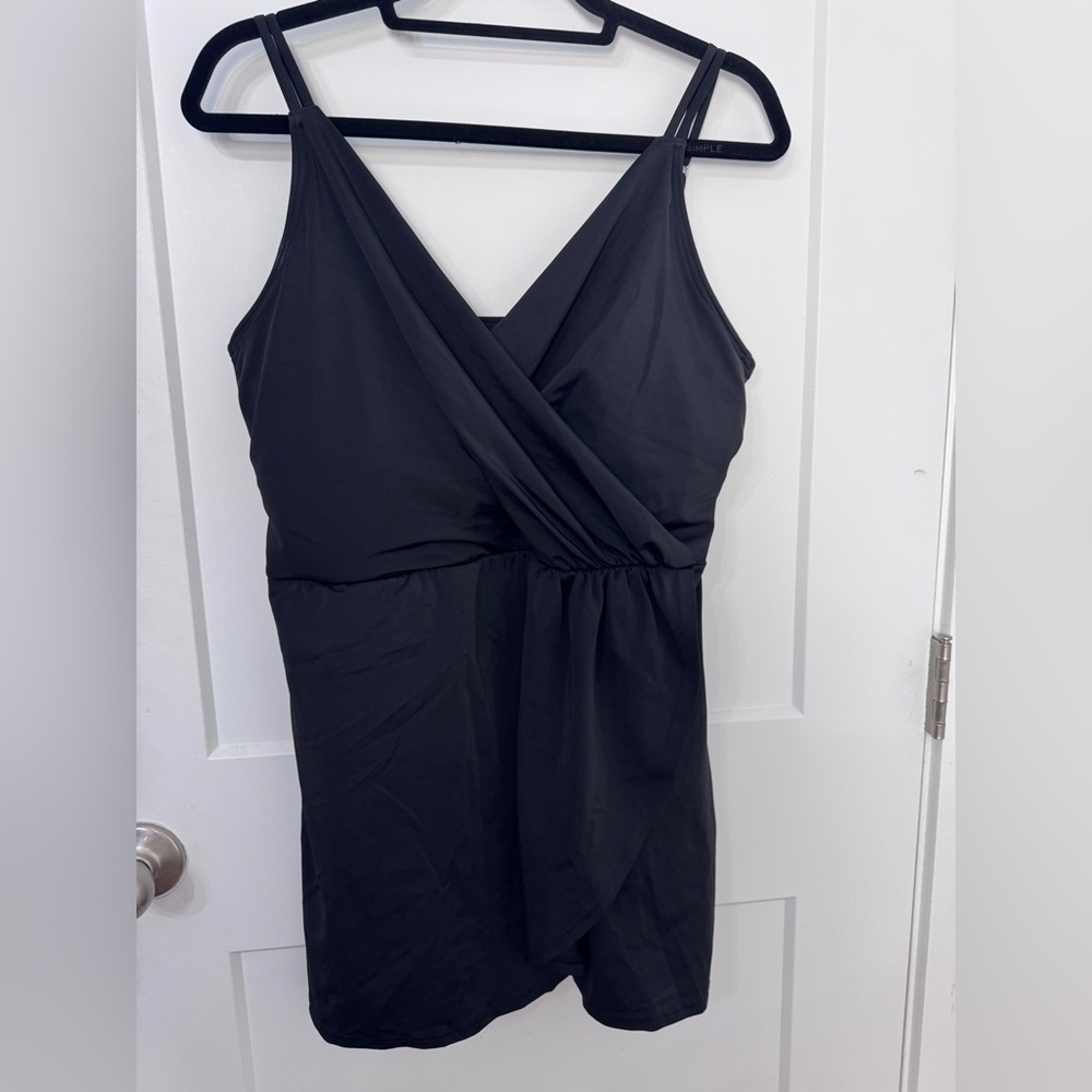 Lands' End Black V-Neck Tulip Wrap Swimdress Adjustable Straps L 14/16 Swimsuit - Picture 2 of 9
